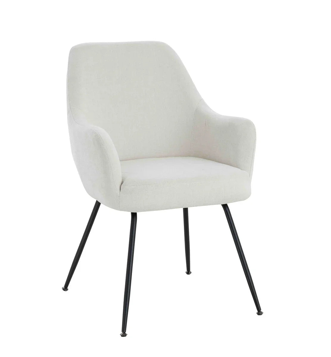 Cream fabric accent chair with curved backrest and black metal legs