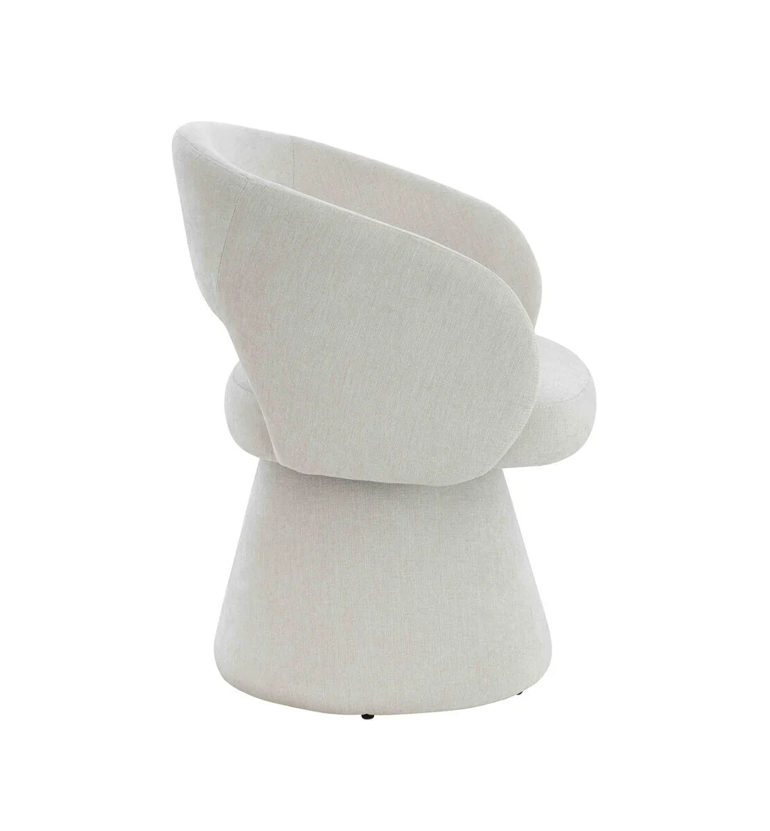 Side view of modern cream fabric accent chair with curved back and flared base