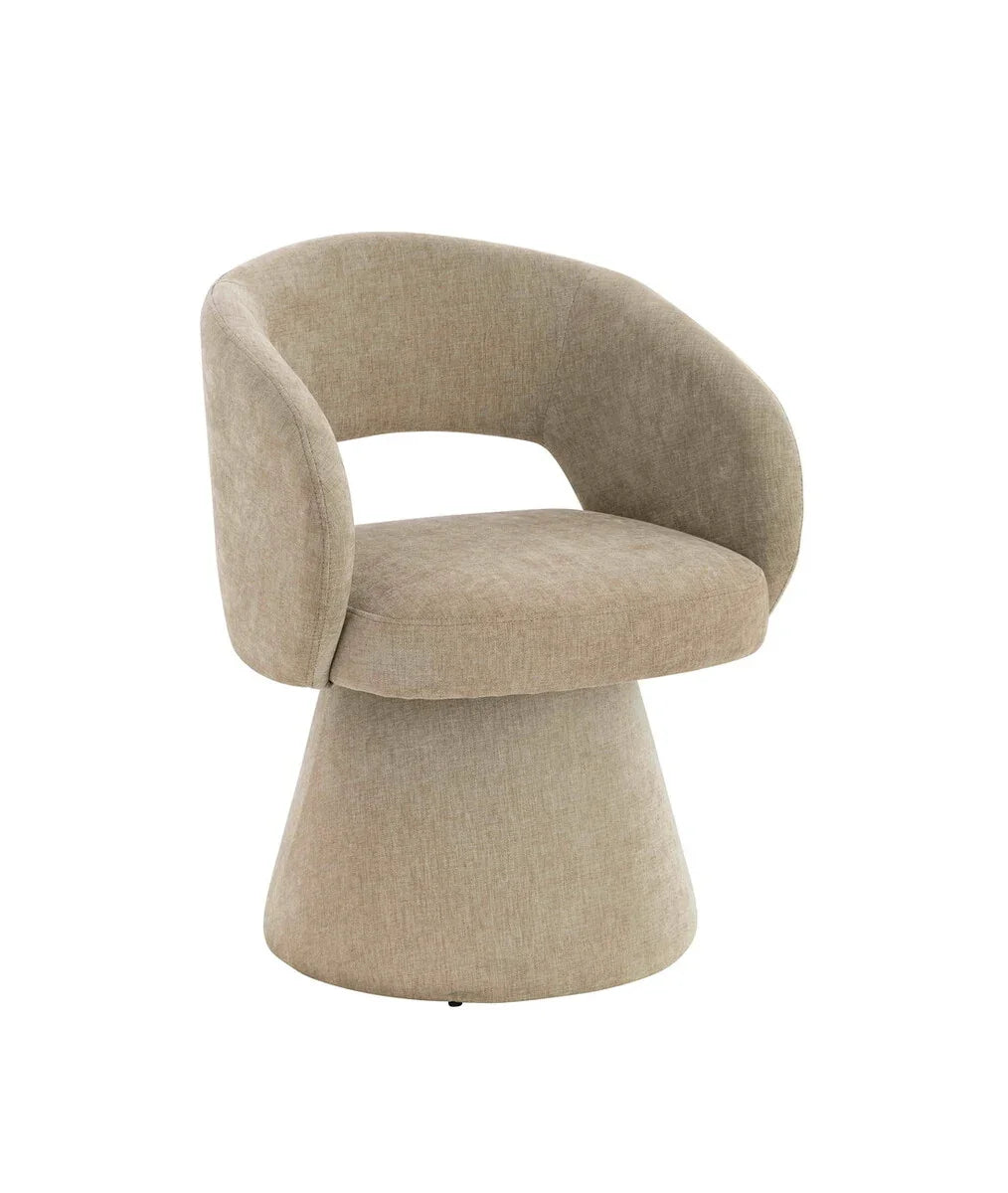 Beige fabric accent chair with curved back and round base, upholstery visible in detail