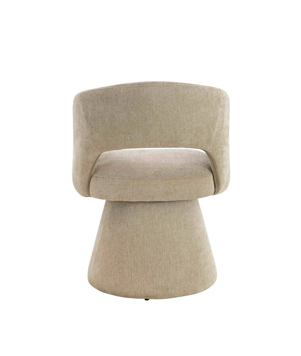 Beige fabric accent chair with curved backrest and wide cushioned seat, front view