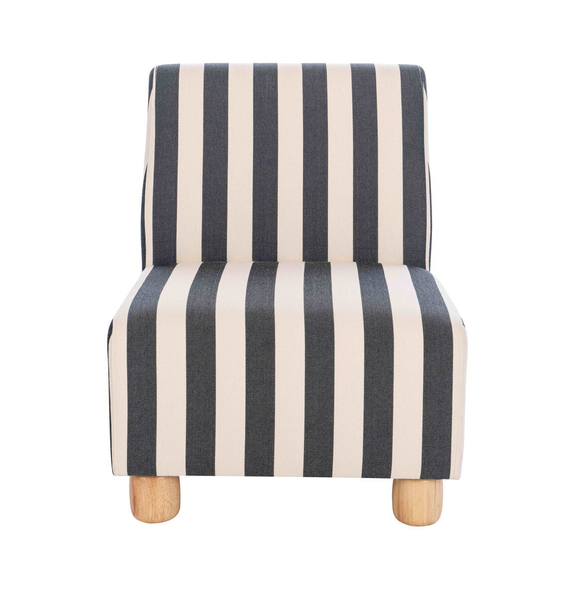 Armless chair featuring a bold black and white striped upholstery with a sleek, minimalist design.