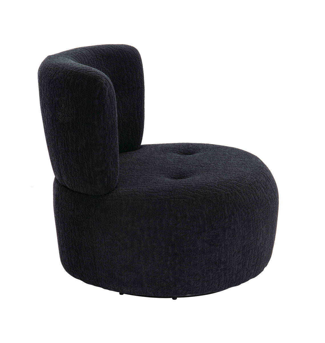 Curved swivel lounge chair in a textured black fabric, featuring a rounded seat and high, padded backrest for comfort.