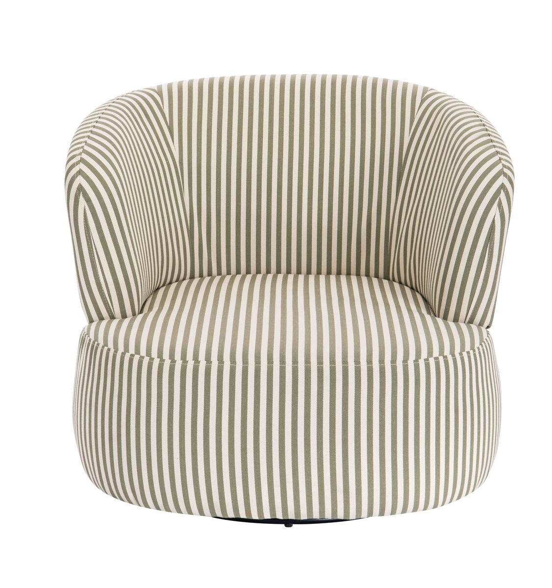 Olive green and white striped swivel lounge chair featuring a rounded back and plush seat, designed for comfort and style.