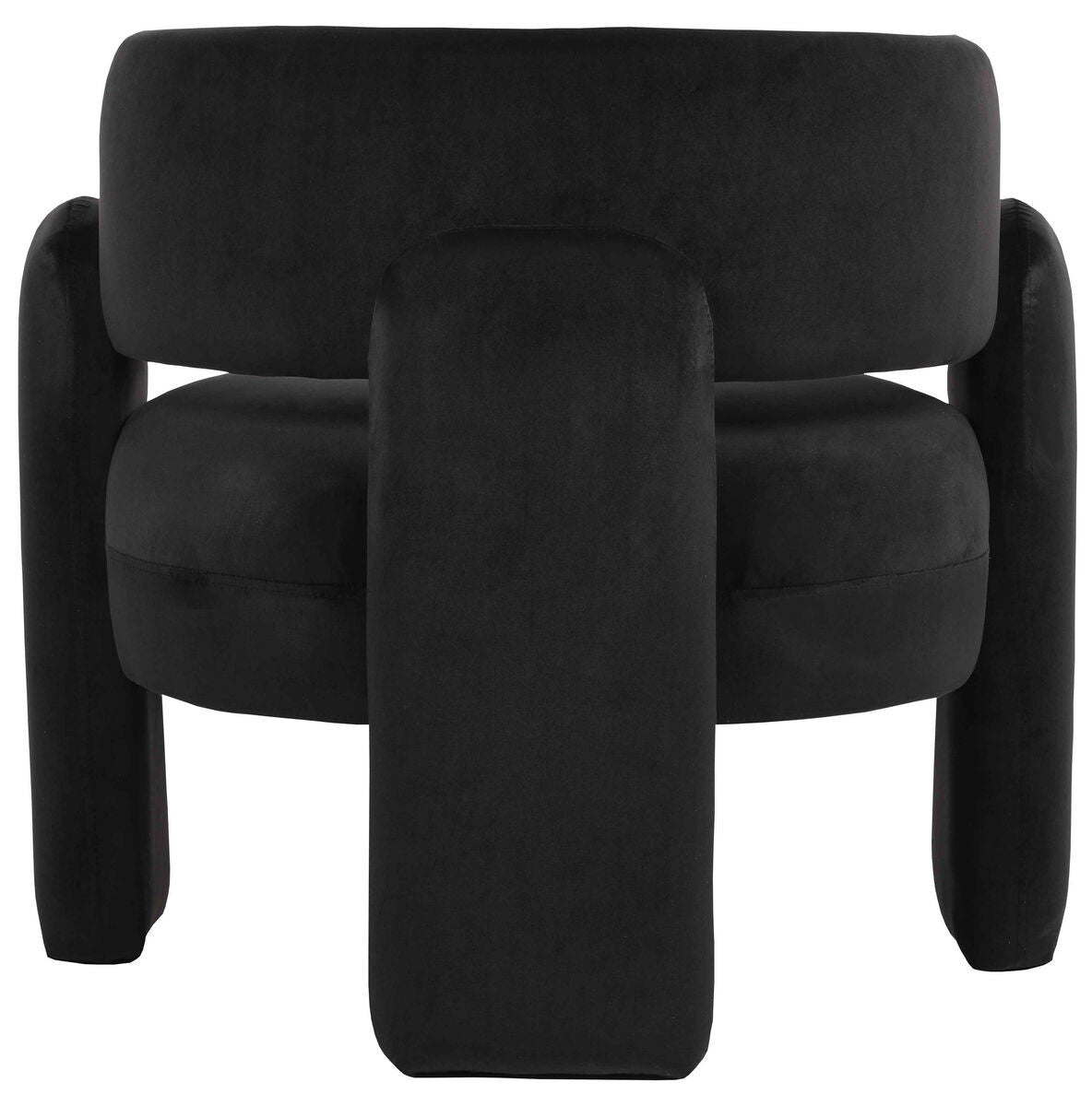 Curved black velvet chair featuring a plush, rounded backrest and thick, padded armrests.