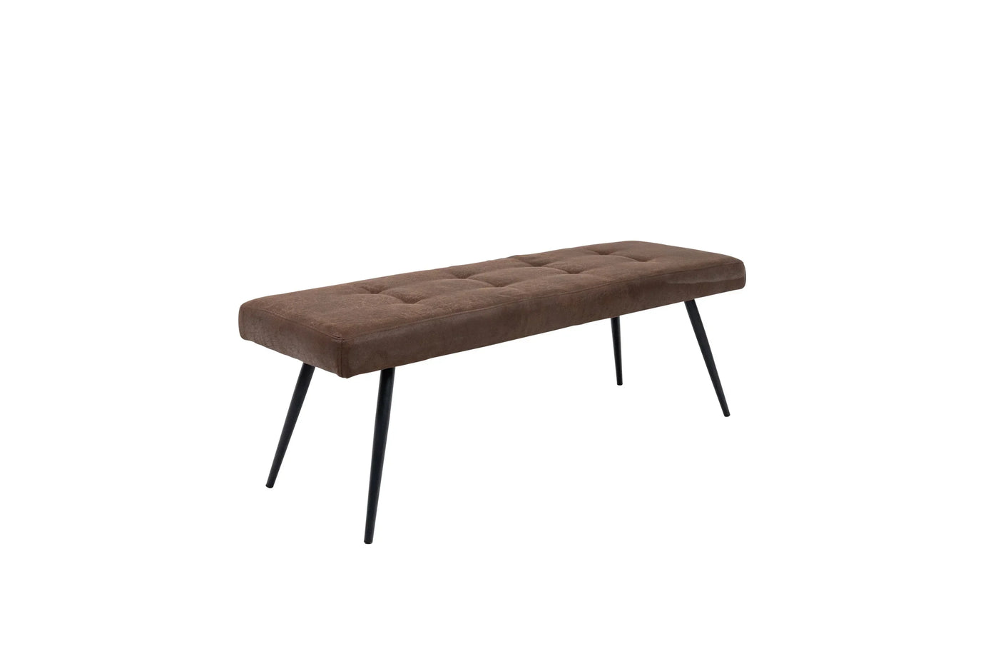 Brown upholstered bench with black metal legs and tufted seat, suitable for dining or hallway