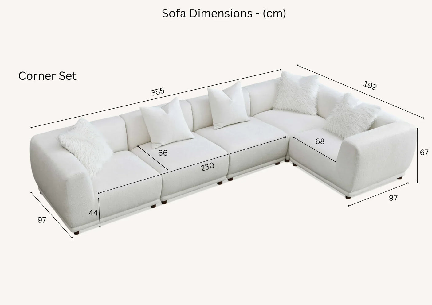 White corner sofa set with measurements in centimeters, featuring plush cushions and soft fabric