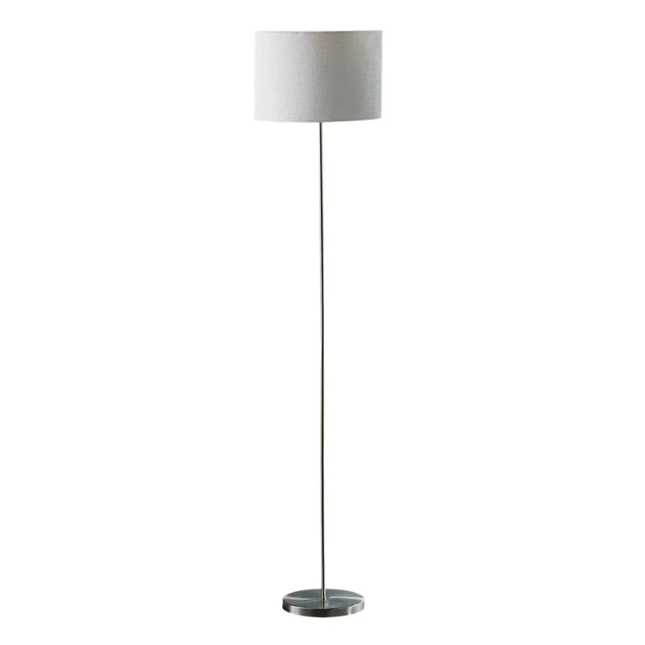 Modern floor lamp with slim metal base and white fabric drum shade