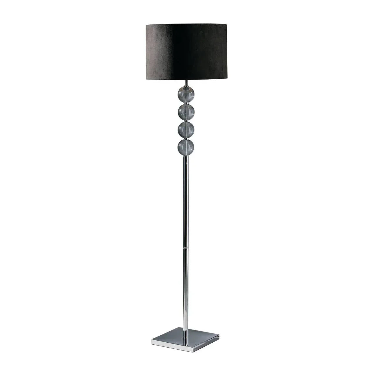 Chrome floor lamp with black drum shade and stacked glass spheres on metal base