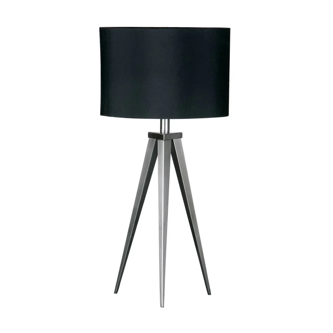 Black tripod table lamp with metal legs and round fabric shade