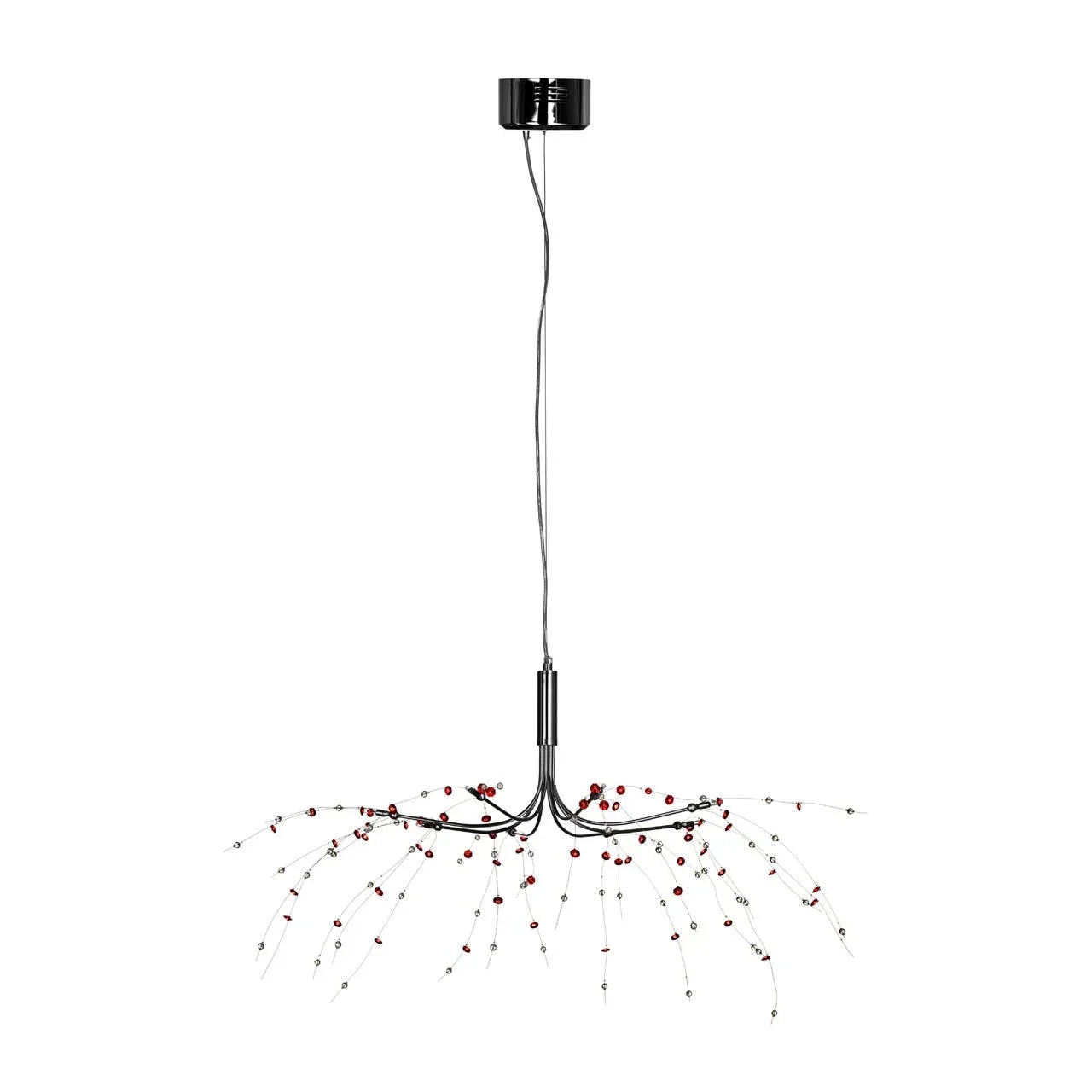Contemporary ceiling light with black frame and hanging red and clear bead accents