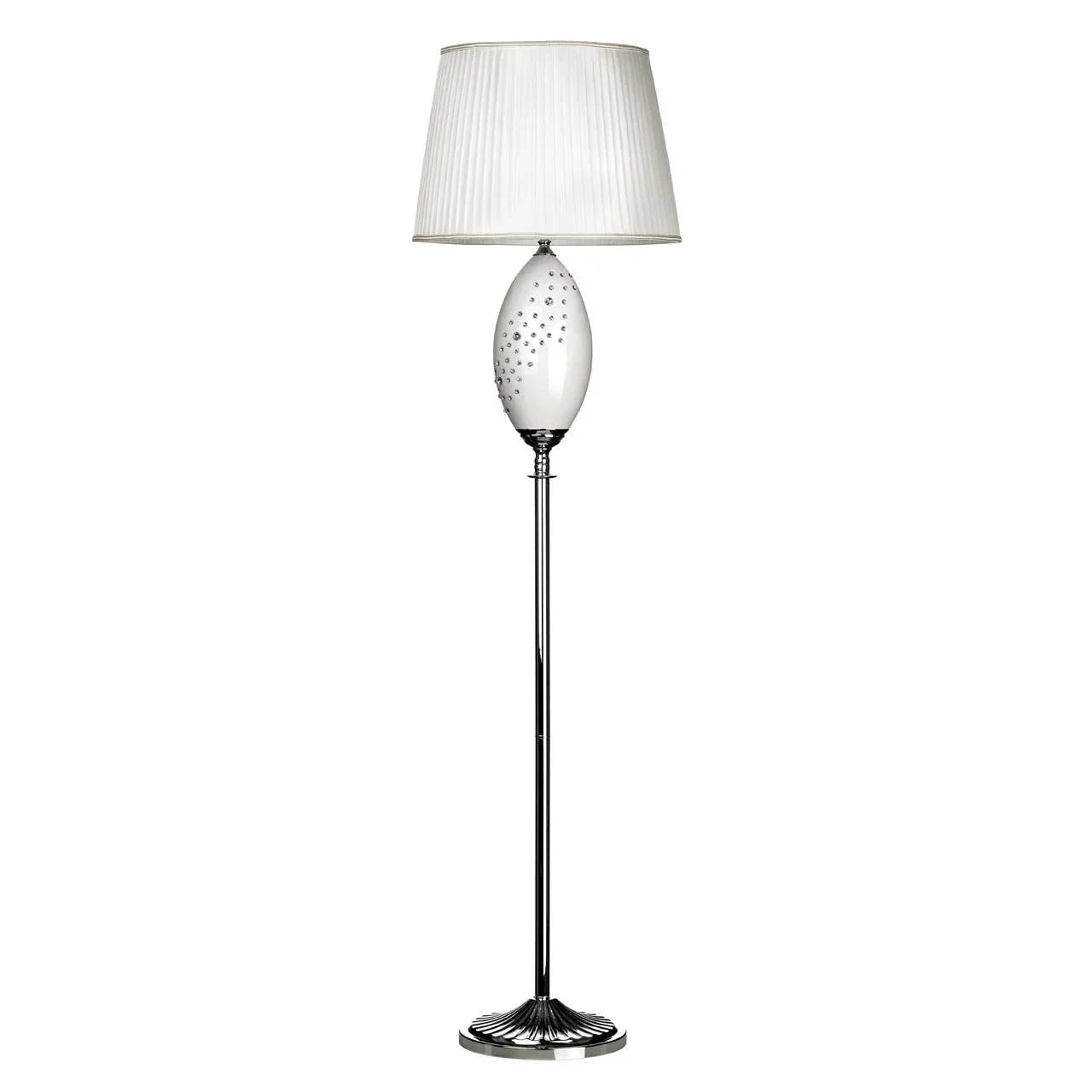 chrome floor lamp with white fabric shade and decorative oval glass detail