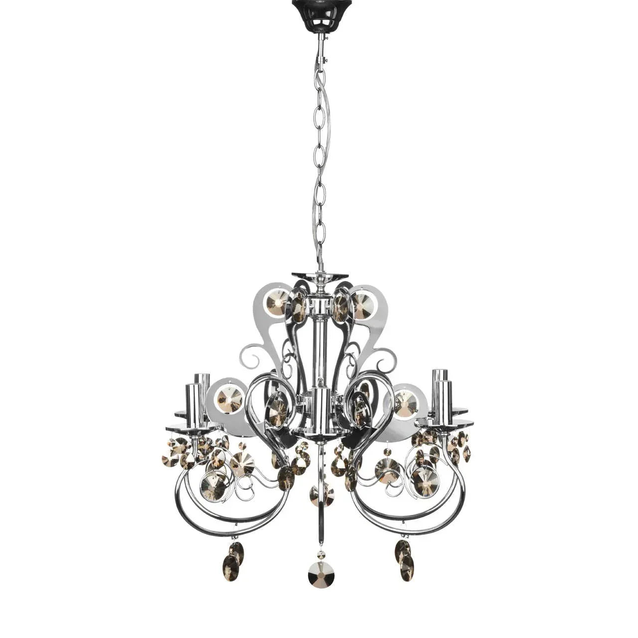 Chrome chandelier with crystal accents and five candle-style light fixtures