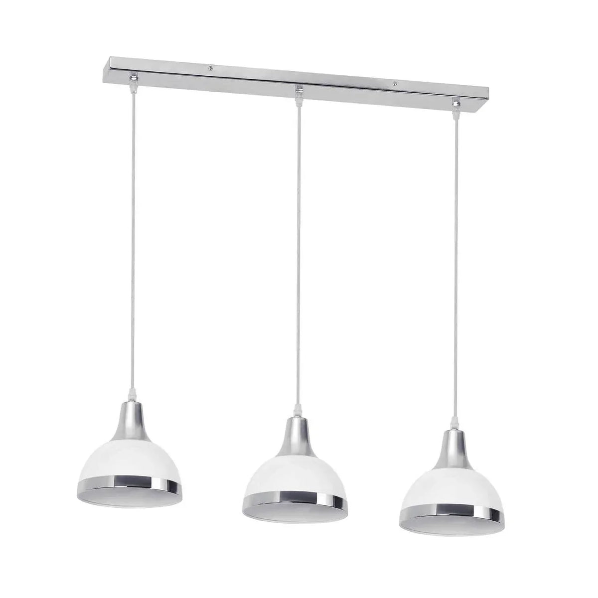 Triple pendant light fitting with white shades and chrome trim, suspended from ceiling bar