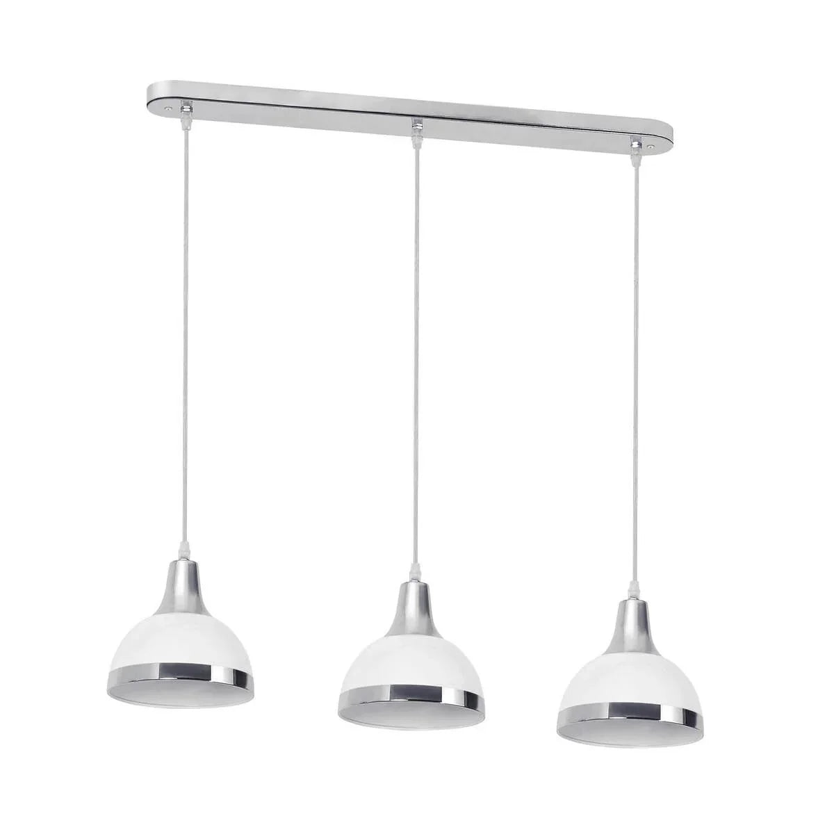 Triple pendant ceiling light with chrome and white metal shades, modern linear design