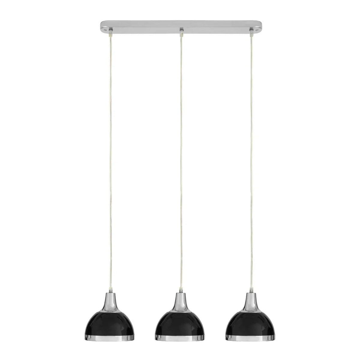 Black and chrome triple pendant ceiling light with dome shades hanging from a rectangular mount
