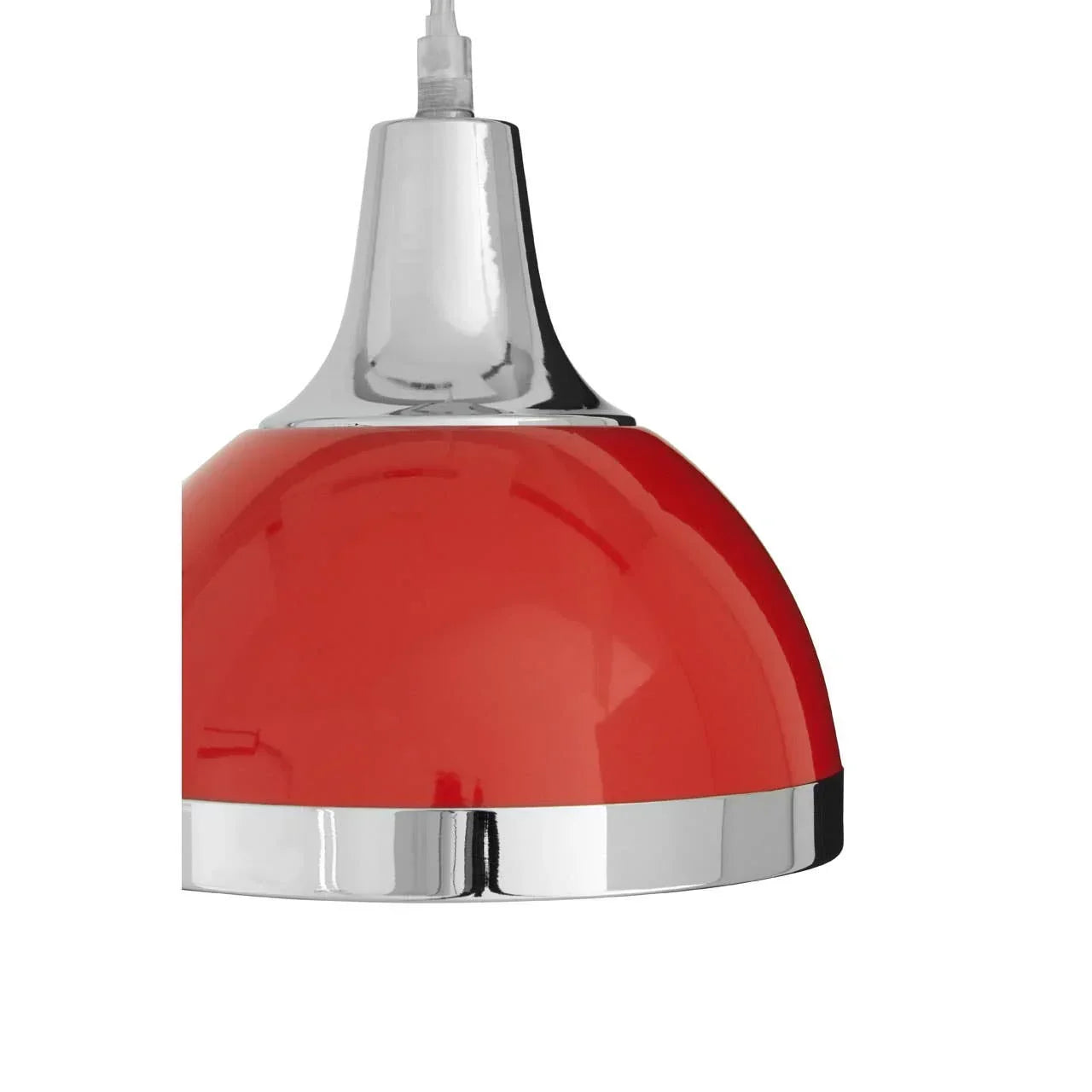 Red pendant ceiling light with chrome trim and glossy finish, close-up view