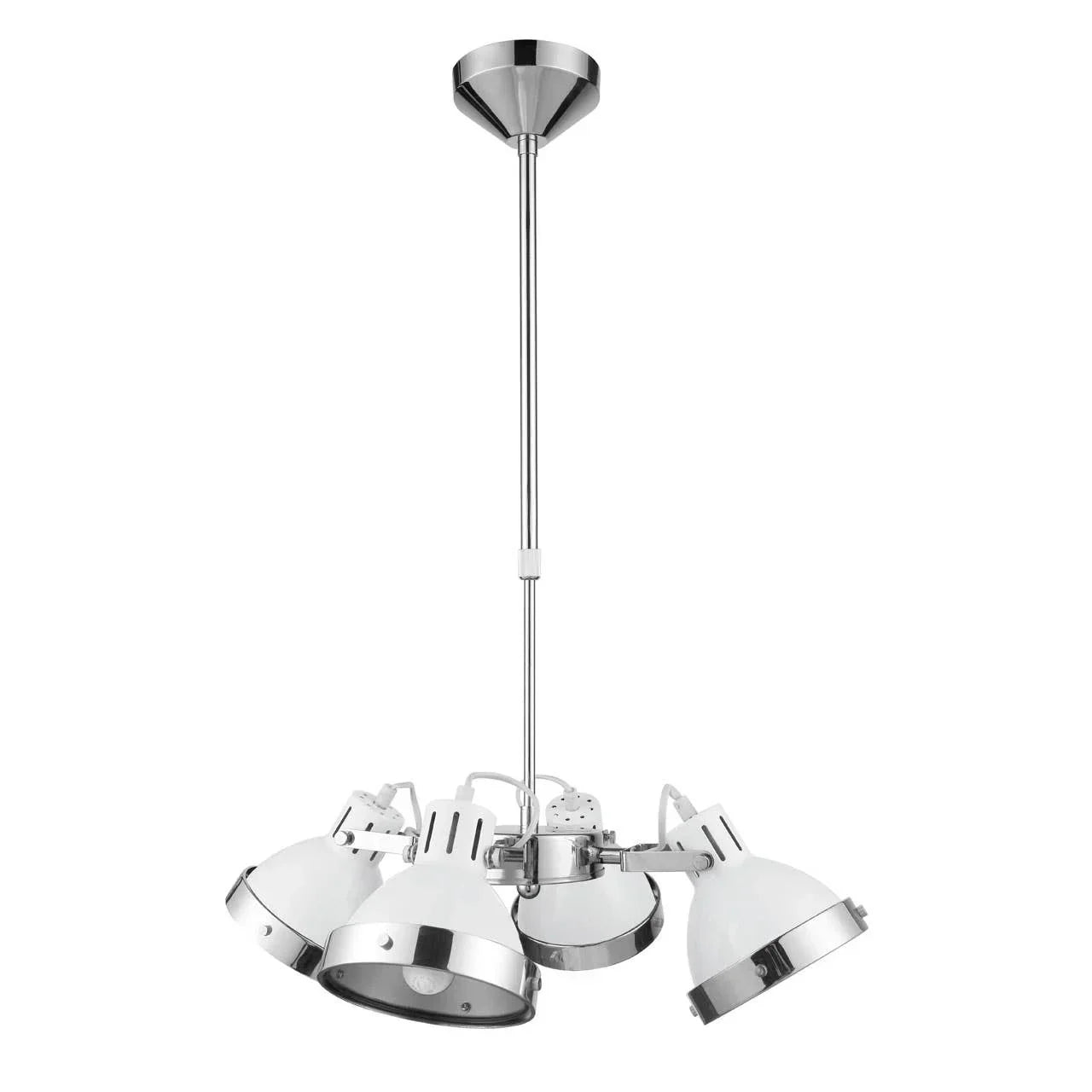 Chrome and white ceiling pendant light with four adjustable lamp heads