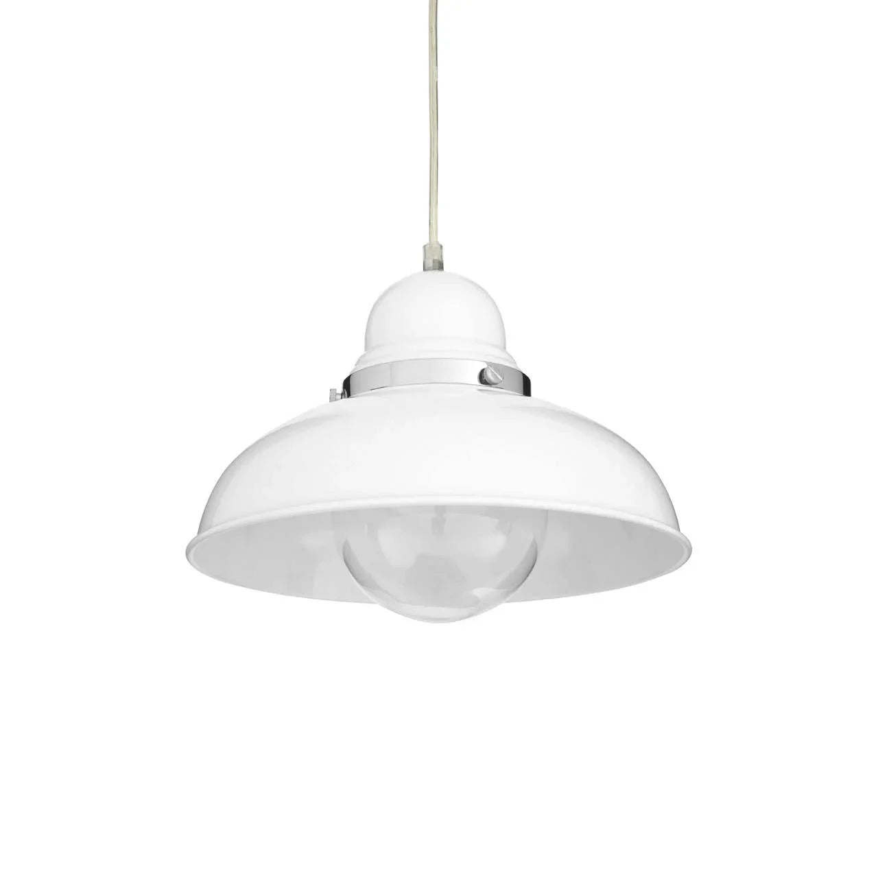 White pendant ceiling light with dome metal shade and exposed bulb