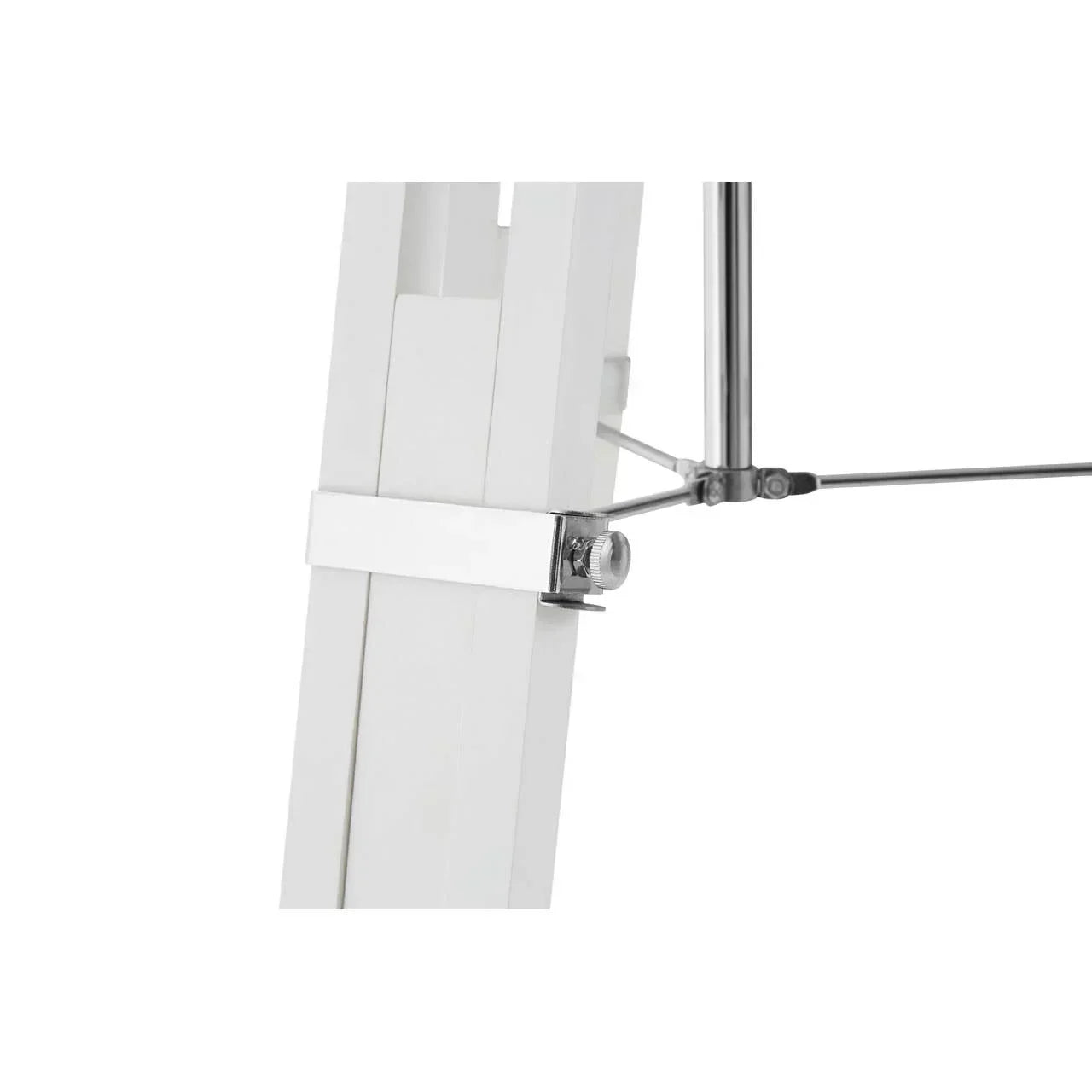 White furniture leg with adjustable metal support bracket and bolt detail