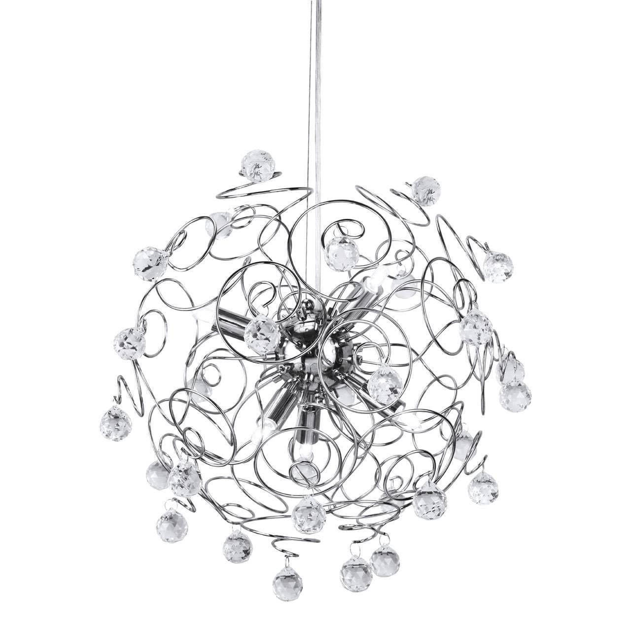 Chrome pendant light with crystal balls and spiral metal detail