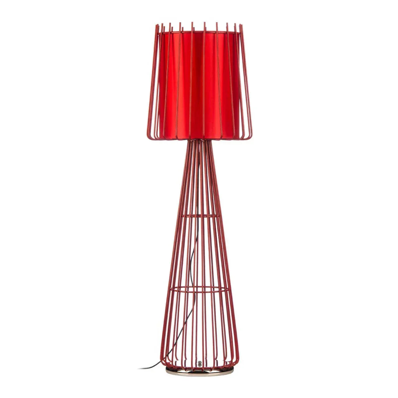 Red metal floor lamp with wire frame base and modern geometric shade design