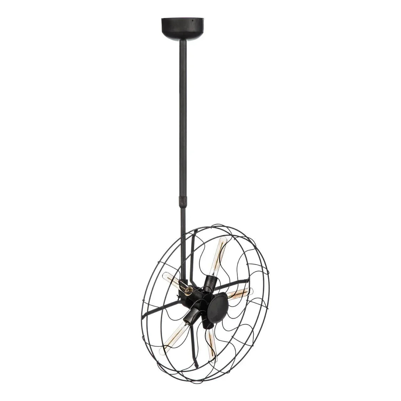 Black industrial ceiling fan light with wire cage and exposed bulbs