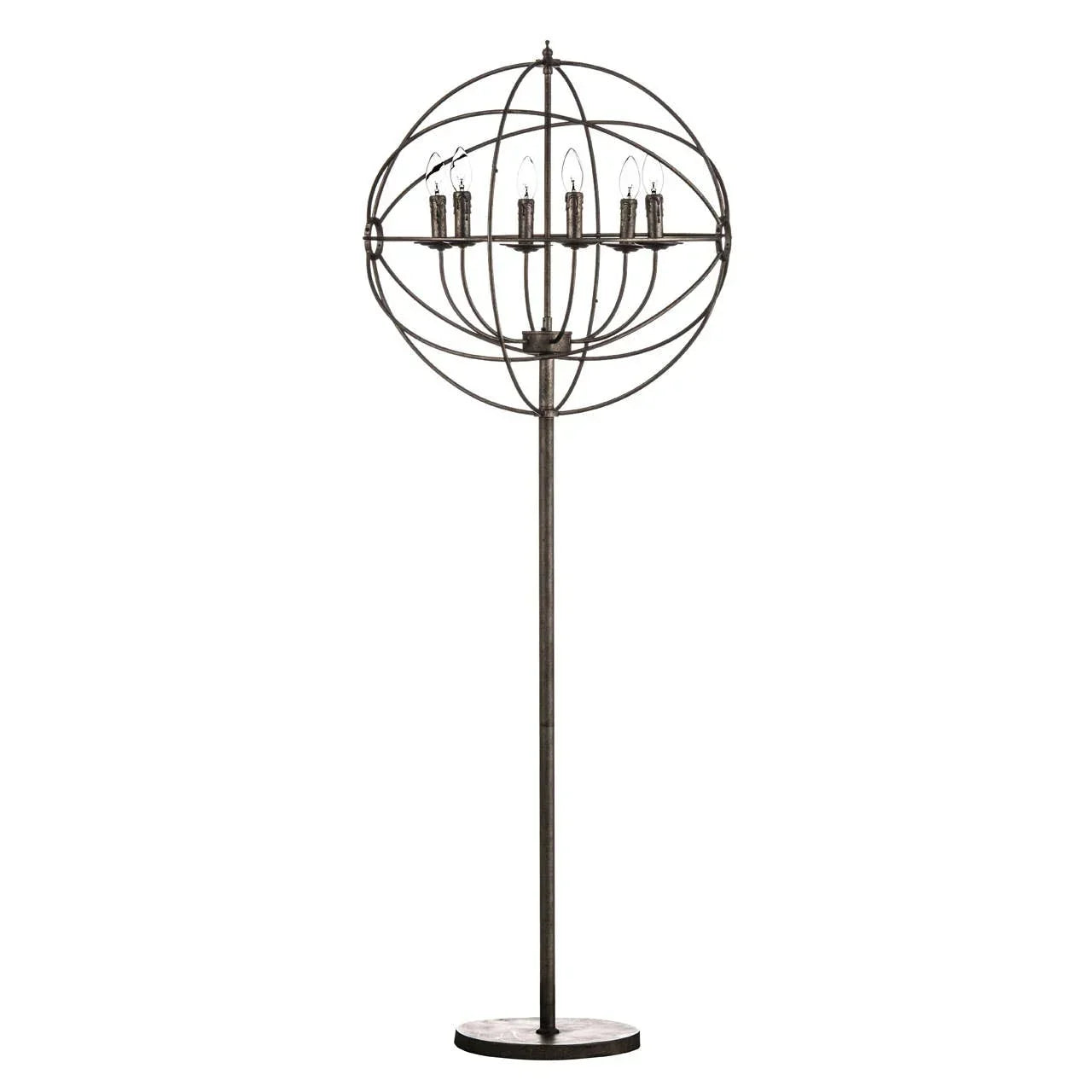 Black metal globe floor lamp with exposed bulbs and round marble base