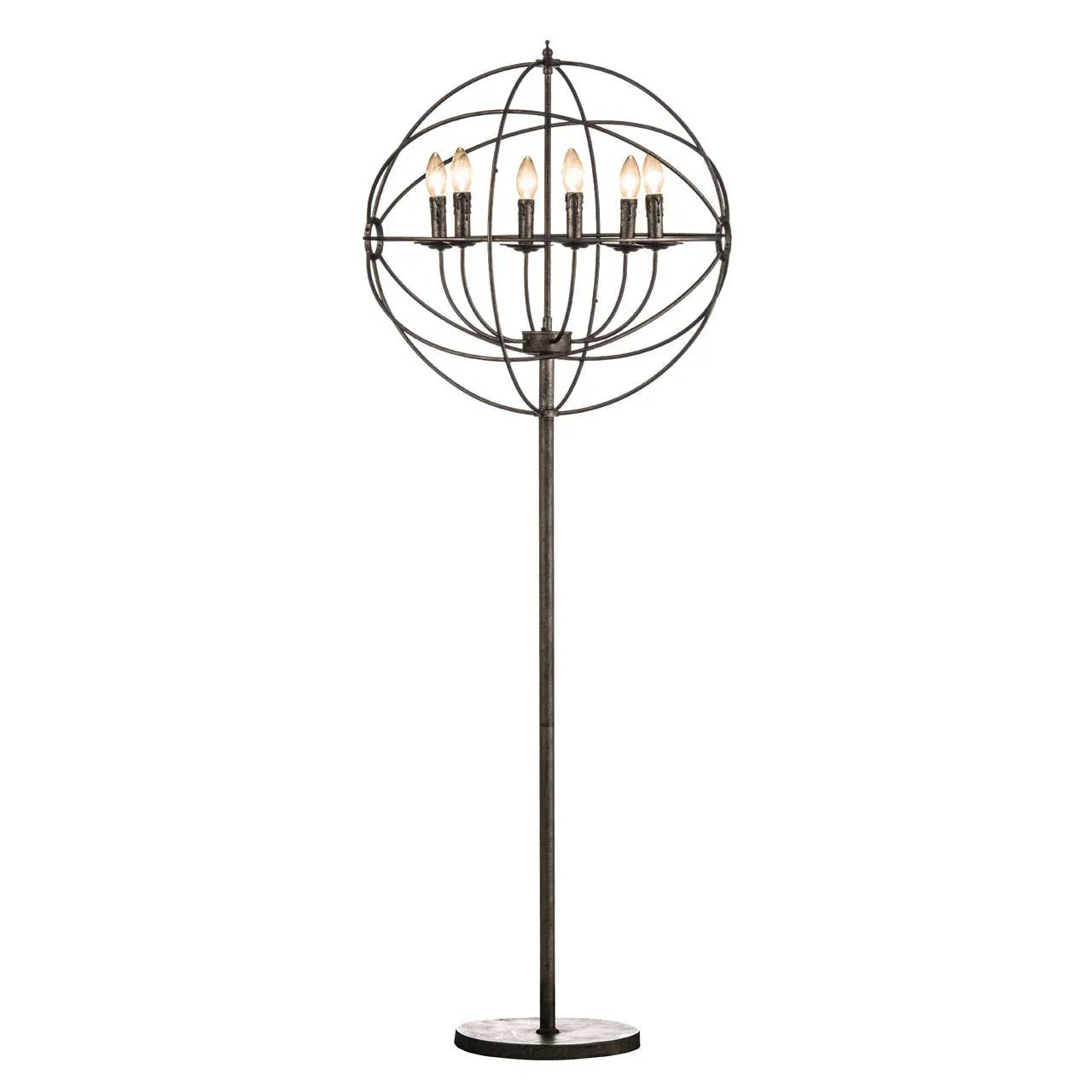 Industrial floor lamp with spherical metal cage shade and eight exposed bulbs