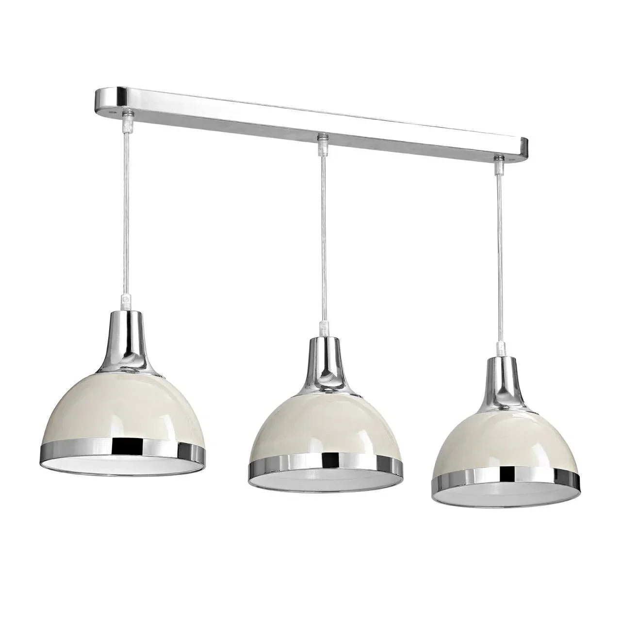 Triple pendant ceiling light with chrome and white dome shades