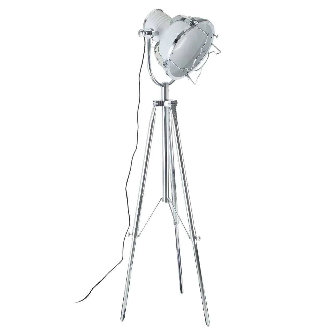 Chrome tripod floor lamp with adjustable spotlight head and black cord
