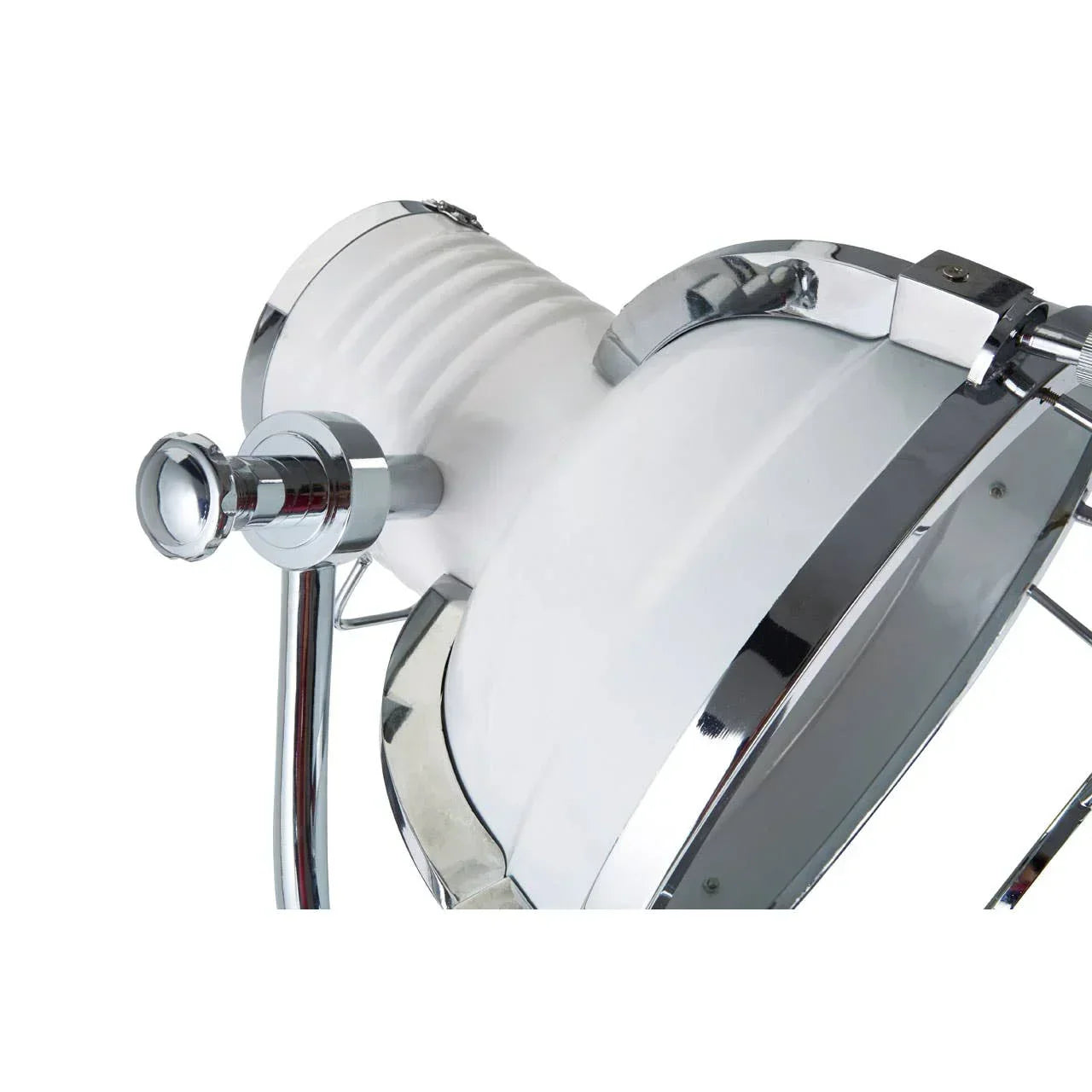 Close up of chrome and white industrial floor lamp head with adjustable handle