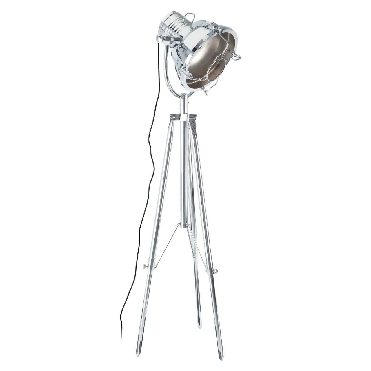Chrome tripod floor lamp with adjustable spotlight head and black power cord