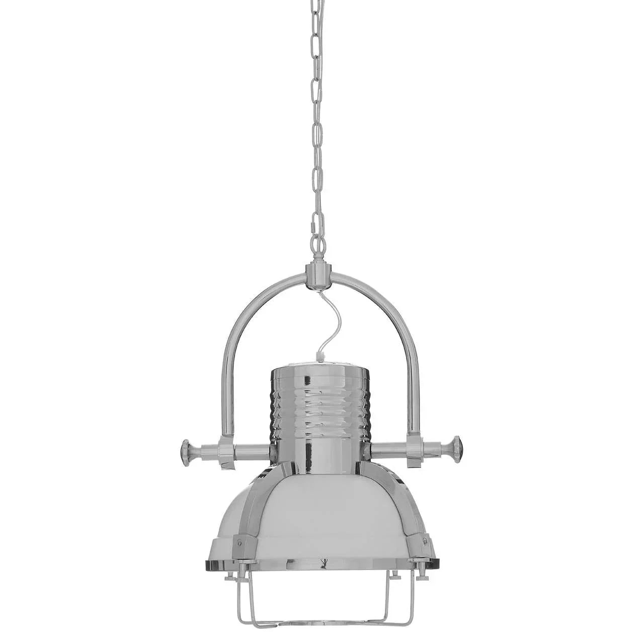 Chrome industrial pendant light with chain and metal dome shade suspended on white background