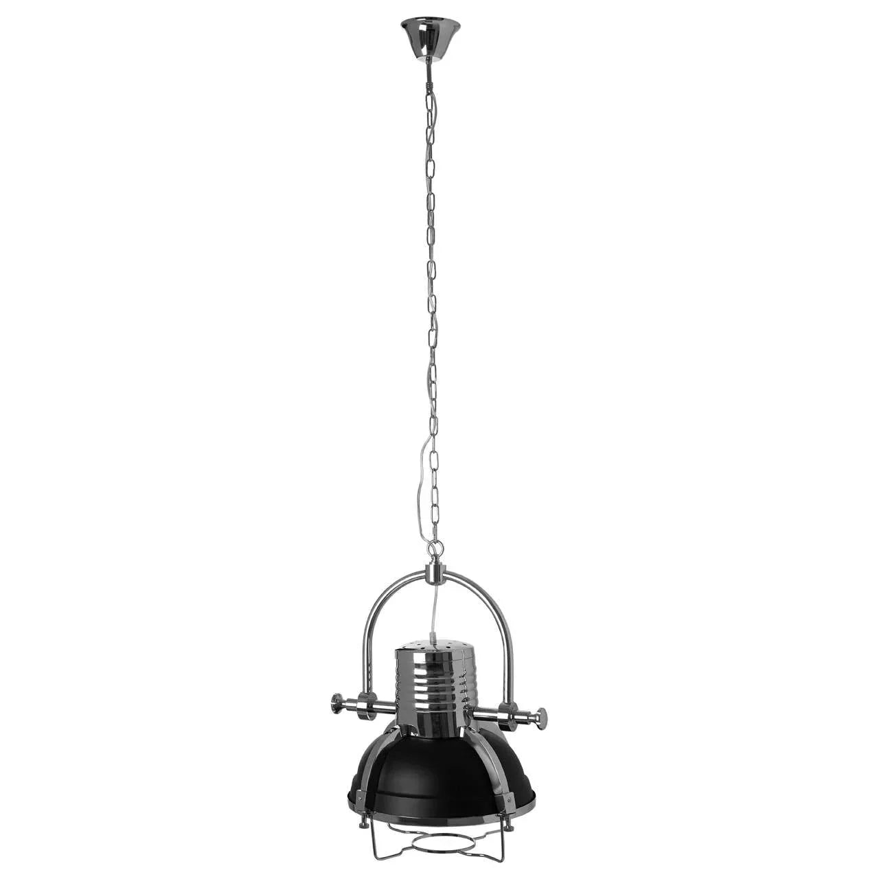 Black and chrome industrial pendant light with chain suspension