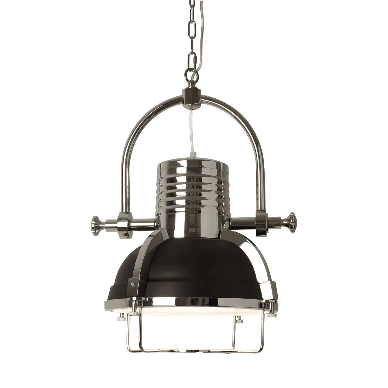 Industrial pendant ceiling light with black and chrome finish, hanging on a chain
