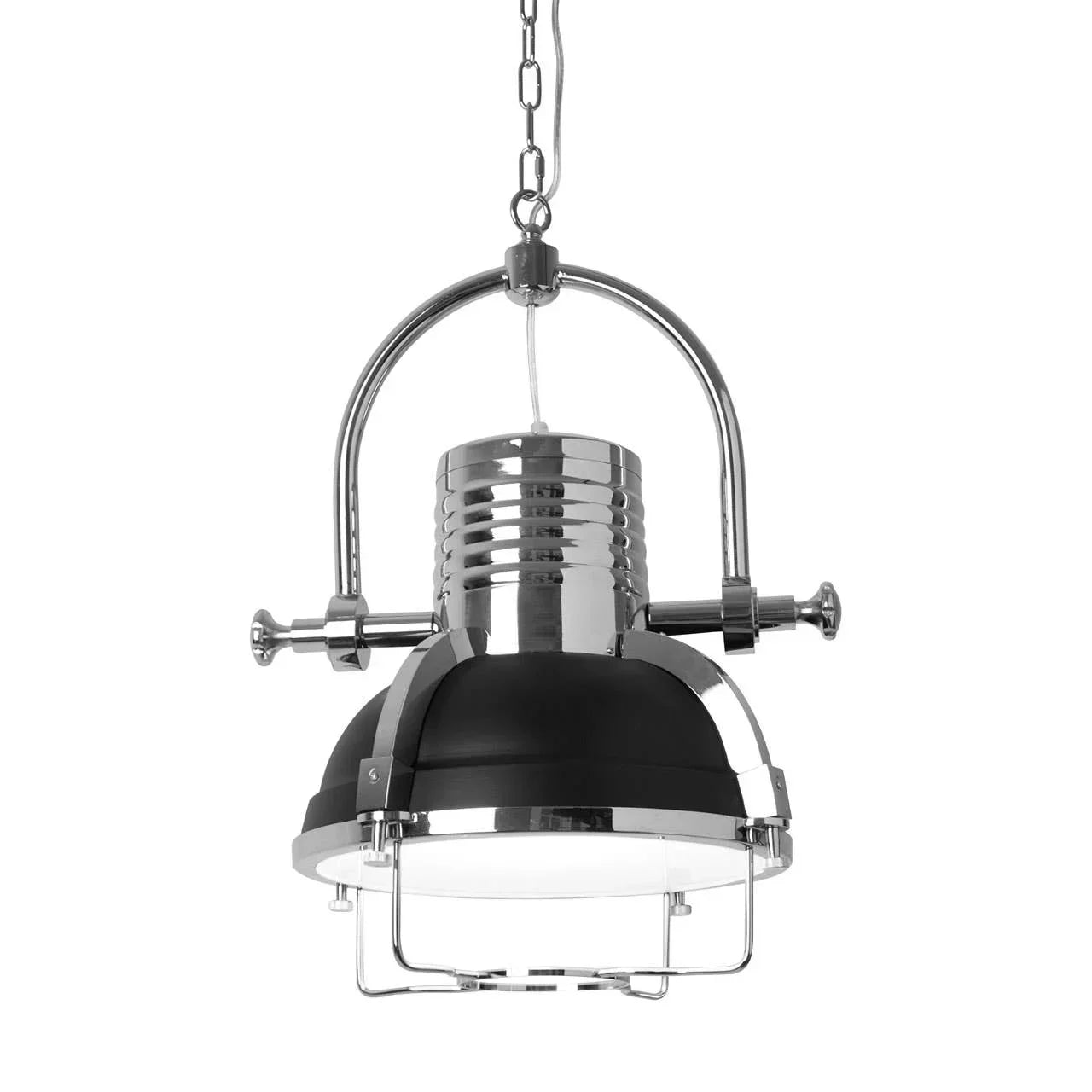 Industrial style ceiling pendant light with chrome and black metal shade and chain hanging