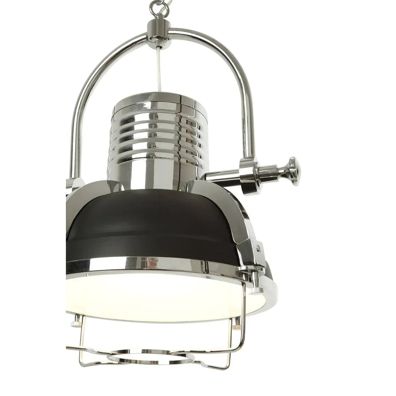 Chrome and black pendant ceiling light with industrial style and metal detailing