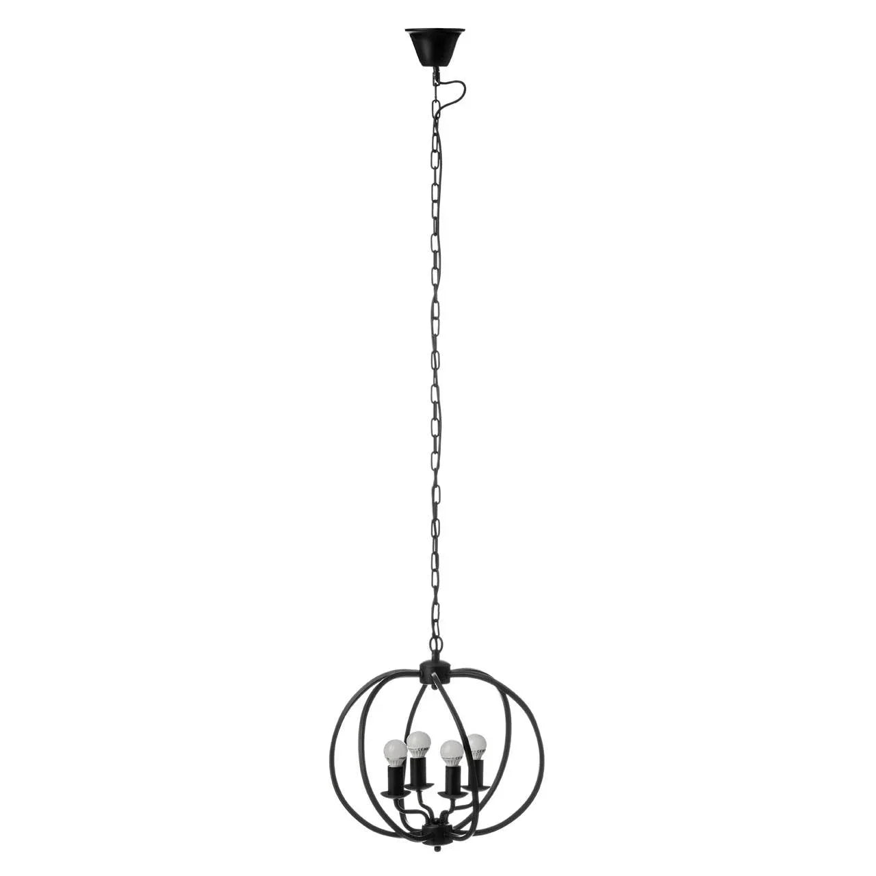 Black metal orb chandelier light fixture with four exposed bulbs and chain suspension