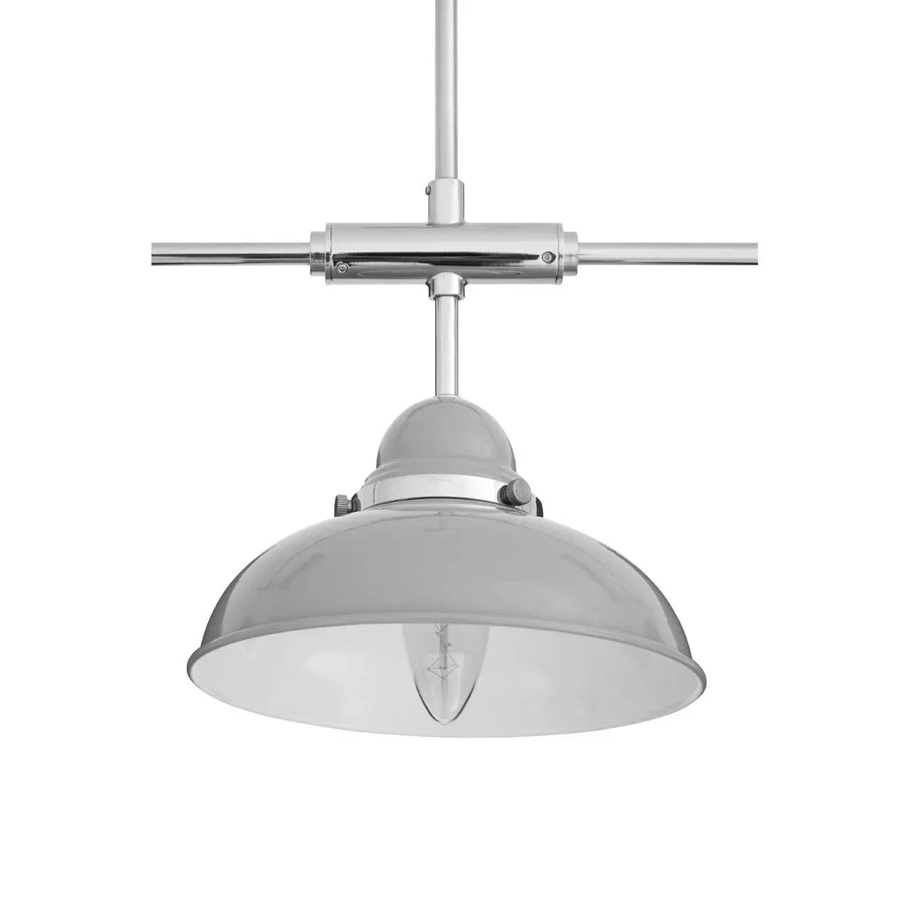 Grey metal pendant ceiling light with chrome detail on white background