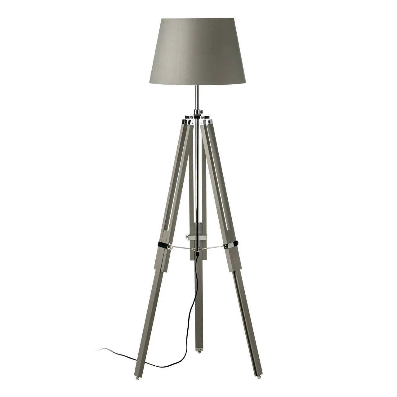Modern tripod floor lamp with grey shade and metal legs on white background