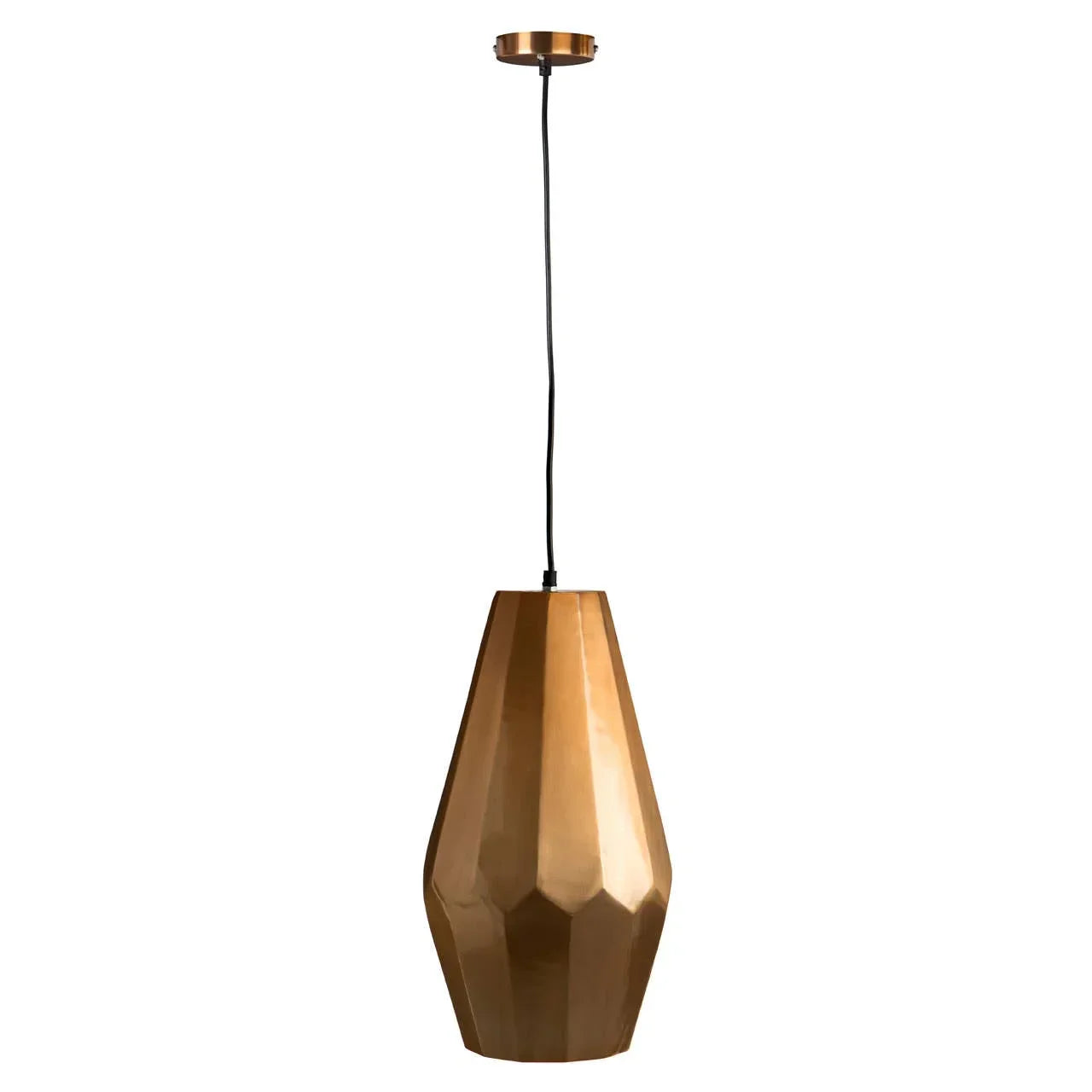 Geometric copper pendant light with faceted shade hanging from black cord