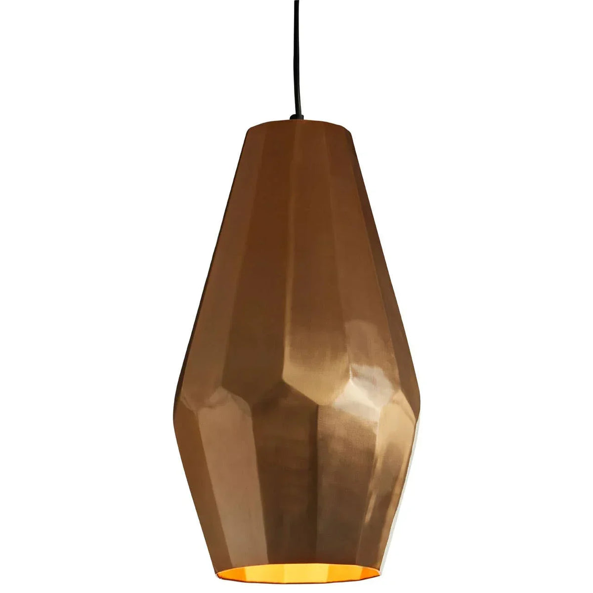 Copper pendant ceiling light with geometric metal shade and black cord