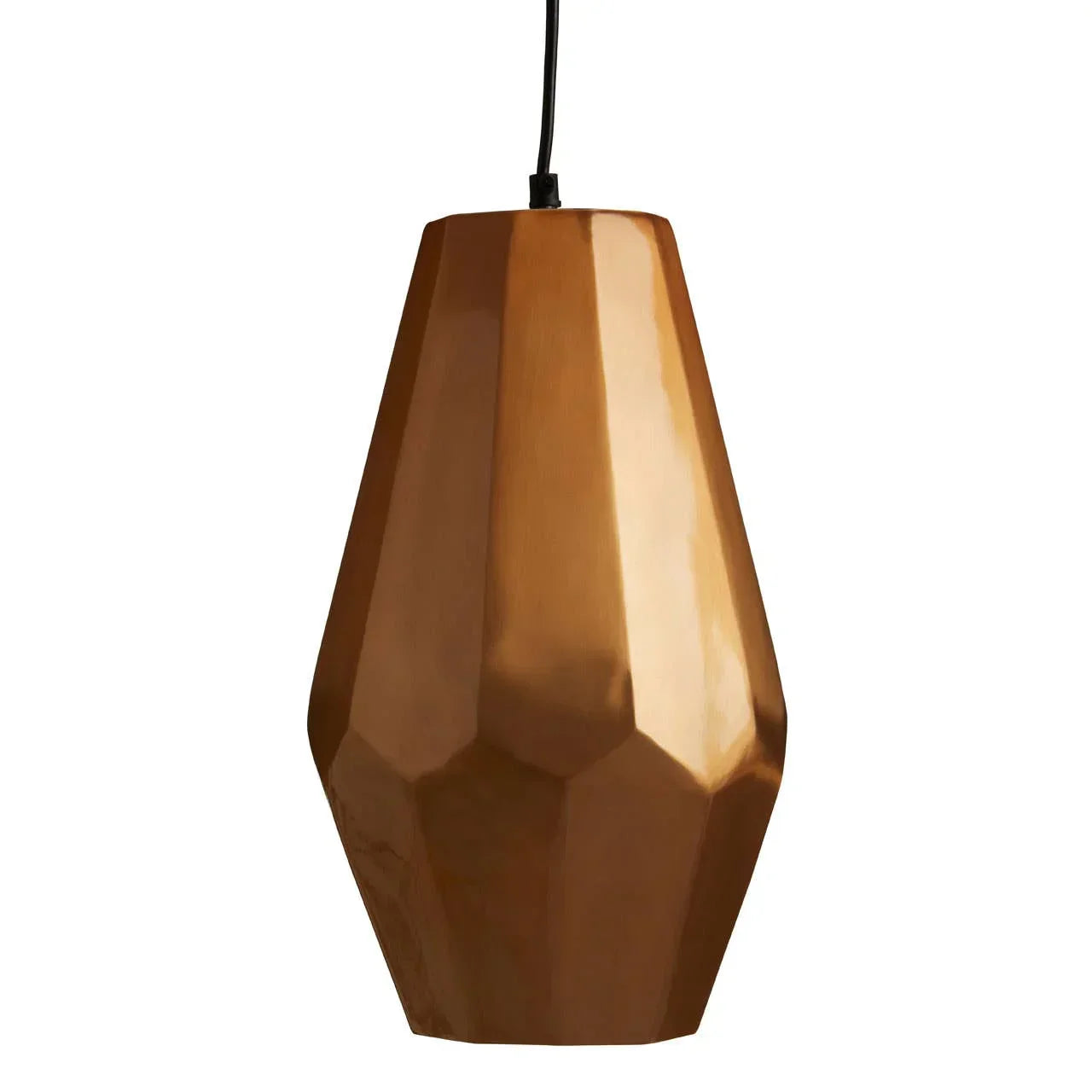 Geometric copper pendant light with faceted design and black cord