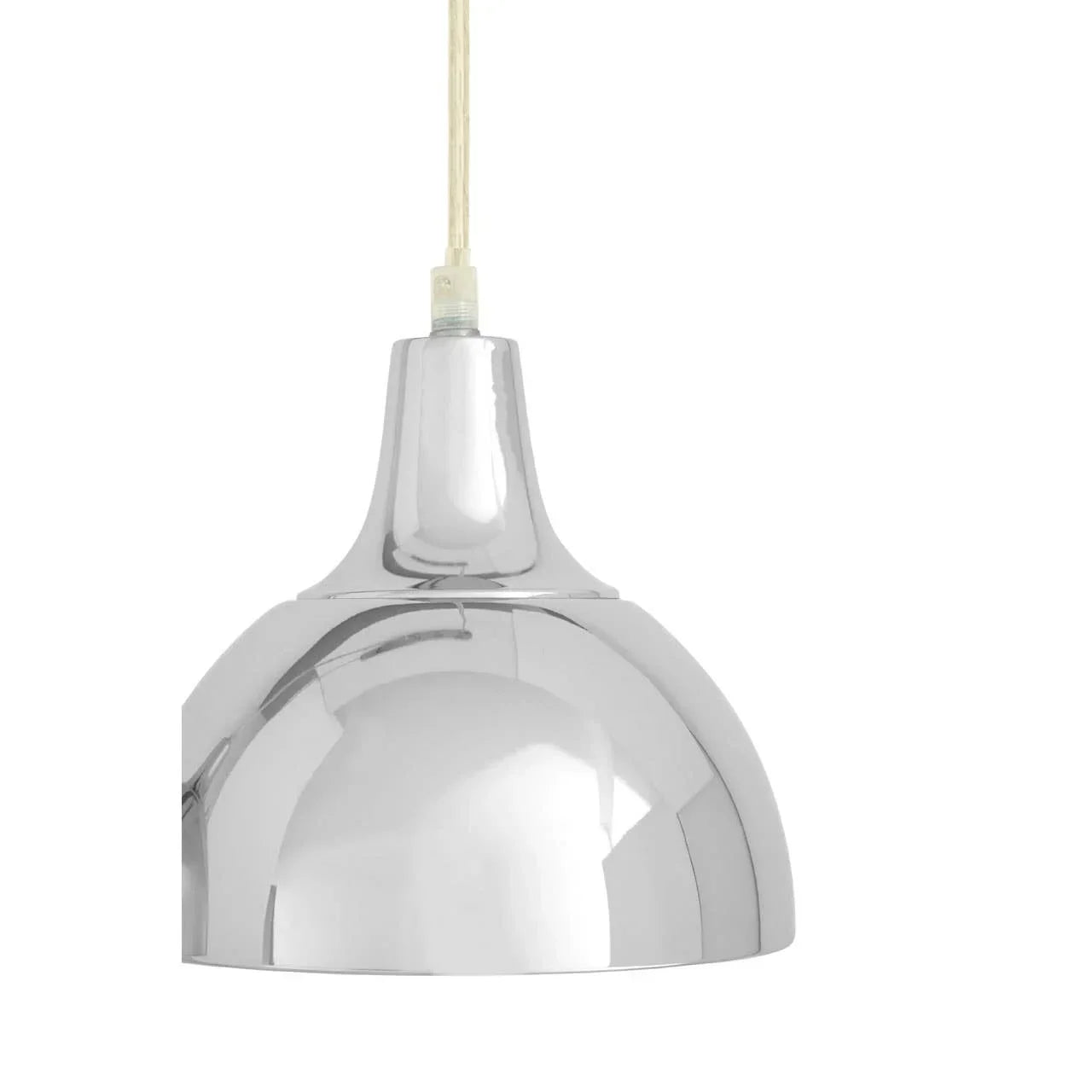 Chrome pendant light shade with glossy finish and ceiling cord, close-up view