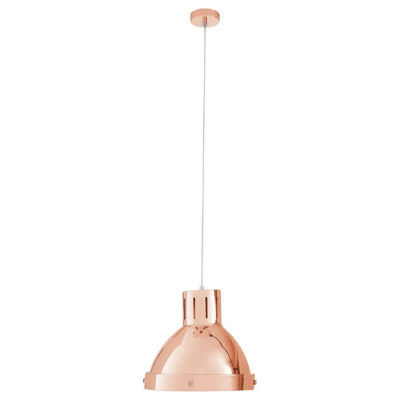 Copper pendant ceiling light with dome shade and white cord, modern lighting fixture
