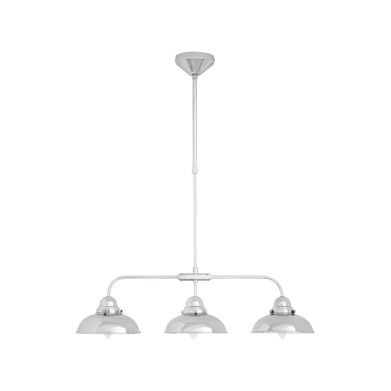 Chrome ceiling light fixture with three dome-shaped shades and central rod mount