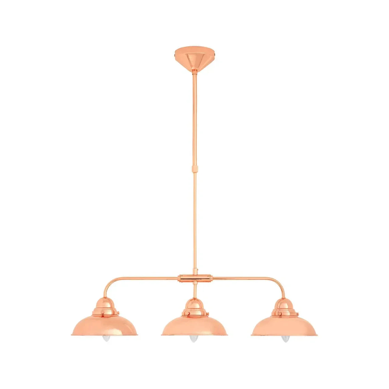Copper three light ceiling pendant with dome metal shades and central rod