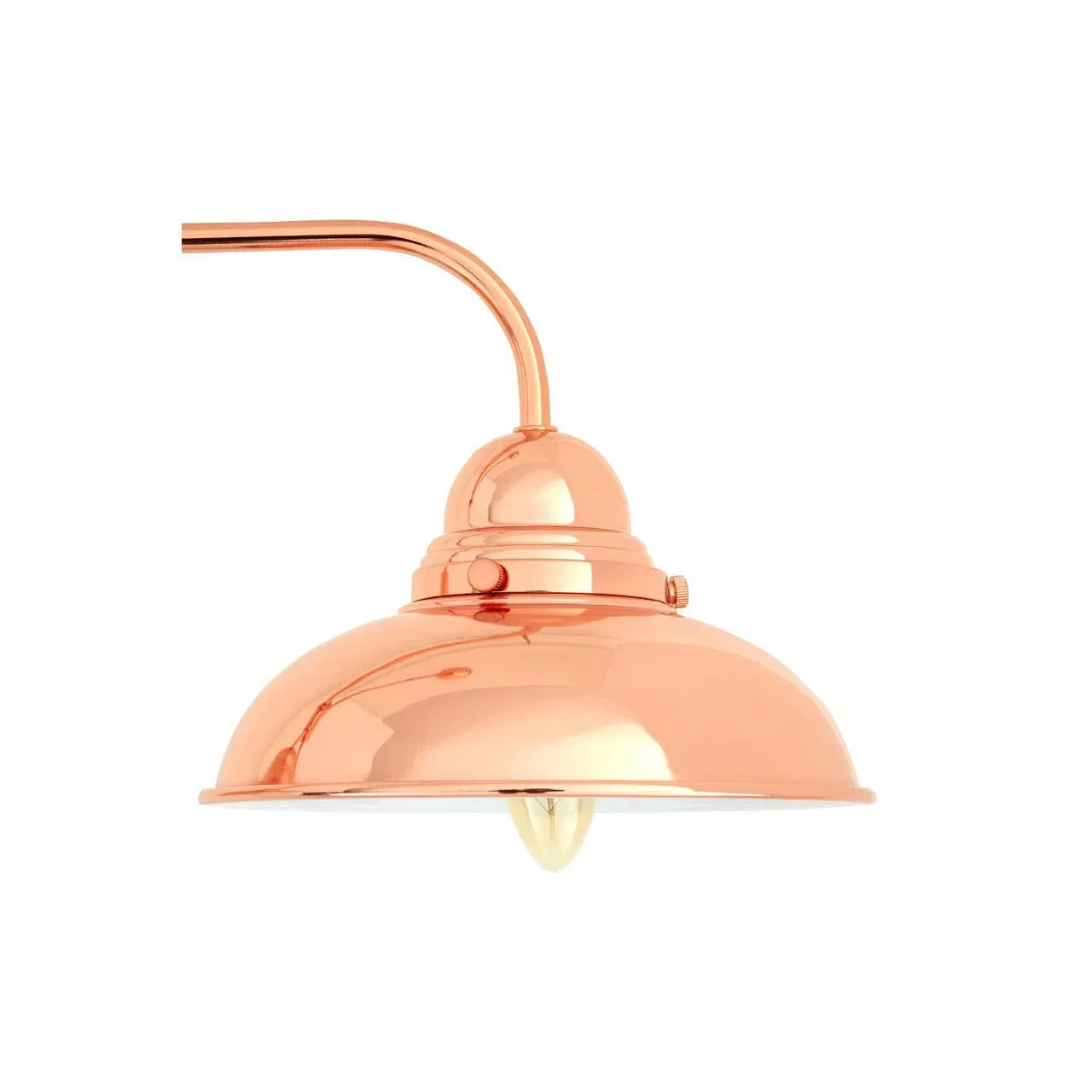 Copper metal pendant light with exposed bulb and curved arm, industrial lighting style