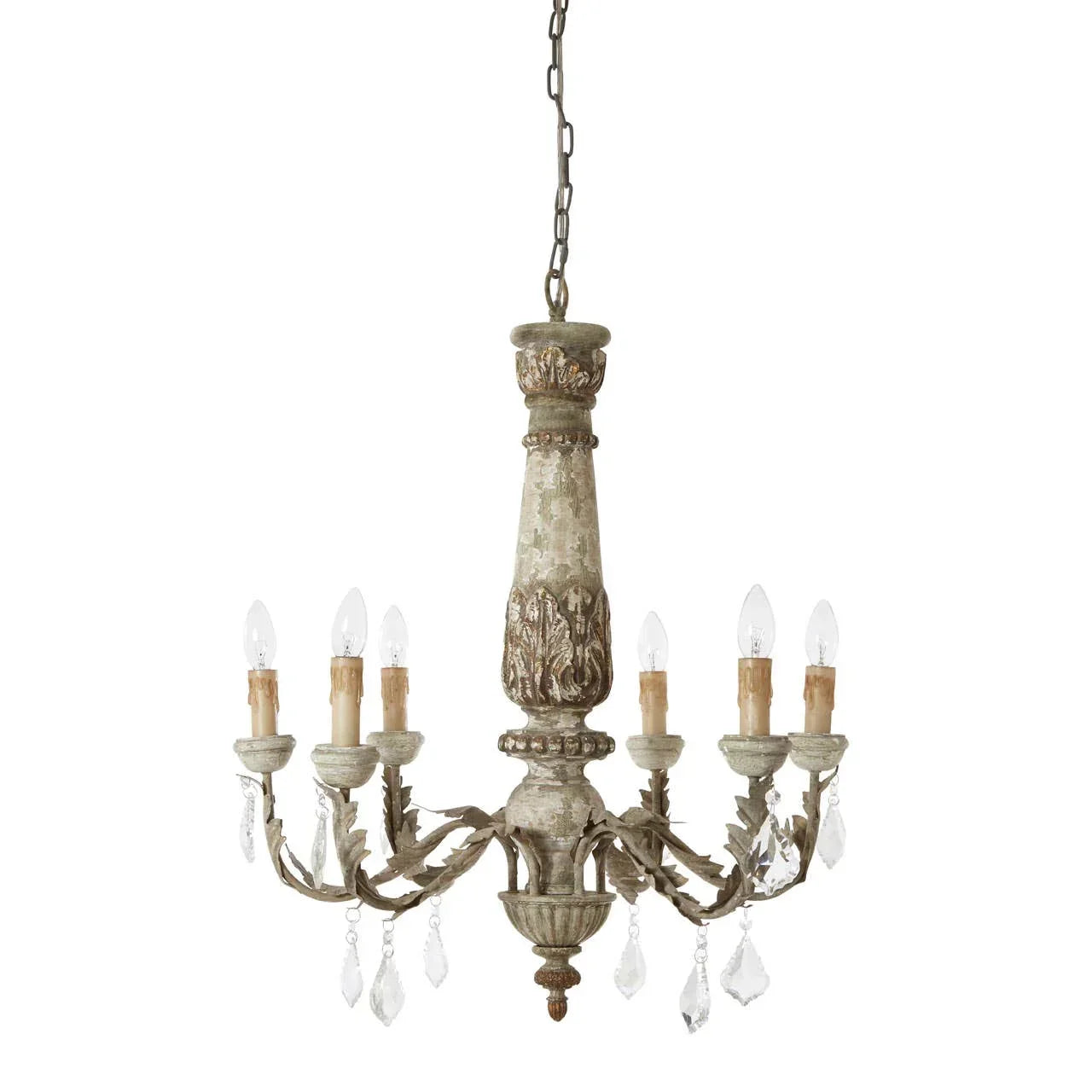 Rustic wooden chandelier with six candle-style lights and crystal pendants, hanging chain