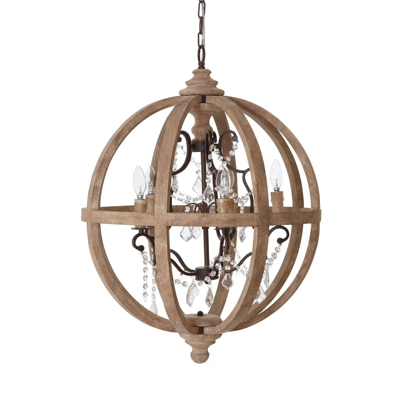 Wood globe chandelier with crystal accents and candle-style bulbs